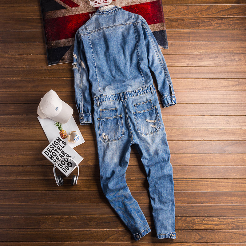 Men's Hip-hop Streetwear Ripped Denim Jumpsuit Long Sleeve Rompers Playsuit