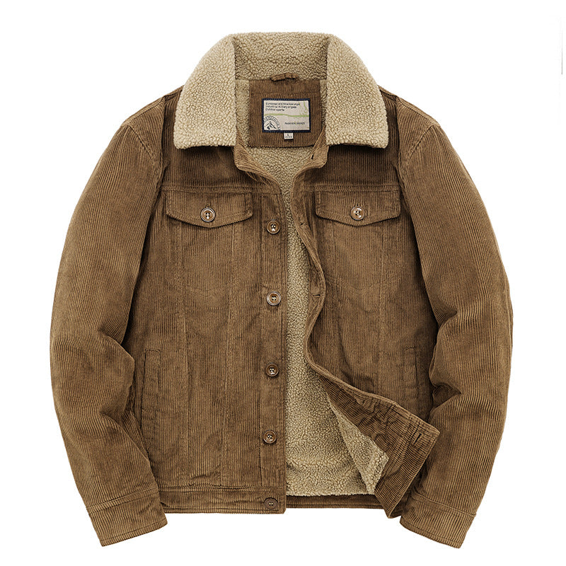 Corduroy Men's Jacket Plus Velvet Thickened Dtand Vollar Loose Large SizeLamb Cashmere Cotton Jacket