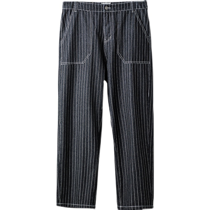 Men's Vintage Camping Loose High Waist Straight-leg Striped Cargo Jeans