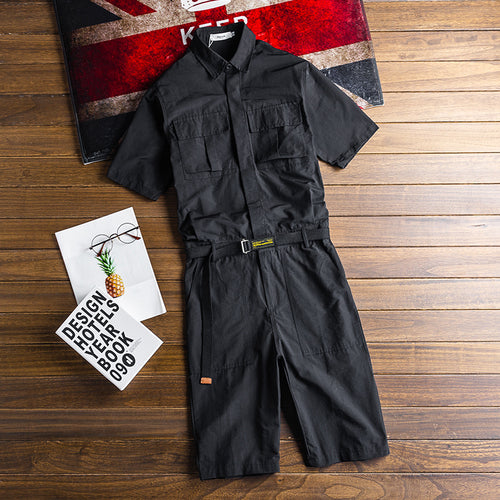 Retro Short Sleeve Workwear All-in-One Short Jumpsuit Streetwear Overalls Romper Playsuit