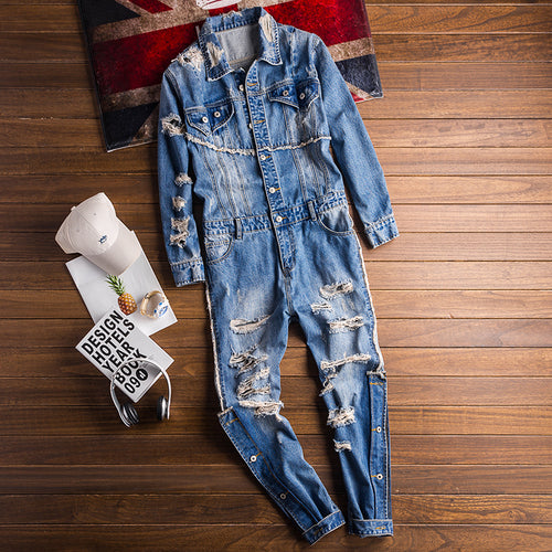 Men's Hip-hop Streetwear Ripped Denim Jumpsuit Long Sleeve Rompers Playsuit