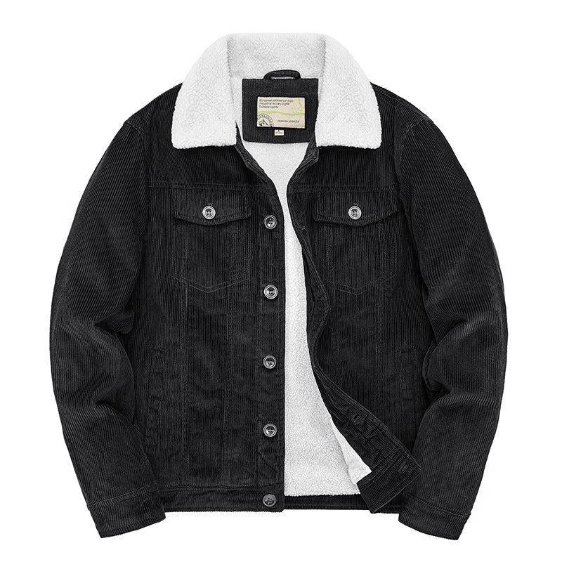 Corduroy Men's Jacket Plus Velvet Thickened Dtand Vollar Loose Large SizeLamb Cashmere Cotton Jacket