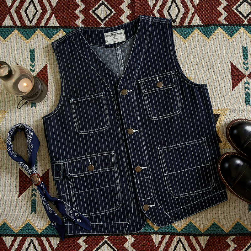 American Western Retro Striped Denim Multi-pocket Cargo Vest