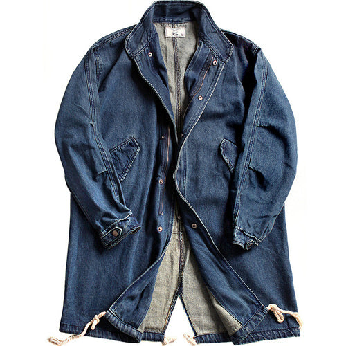 Men's Stand-up Collar Mid-length Denim Jacket Loose Windbreaker