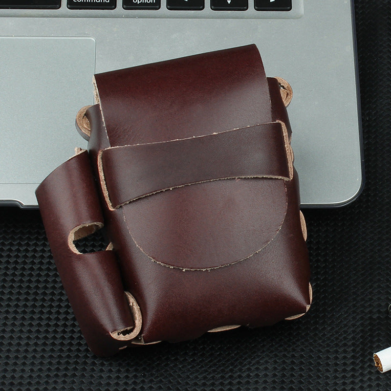 VIntage Handmade Portable Genuine Leather Cowhide Cigarette Case With Lighter
