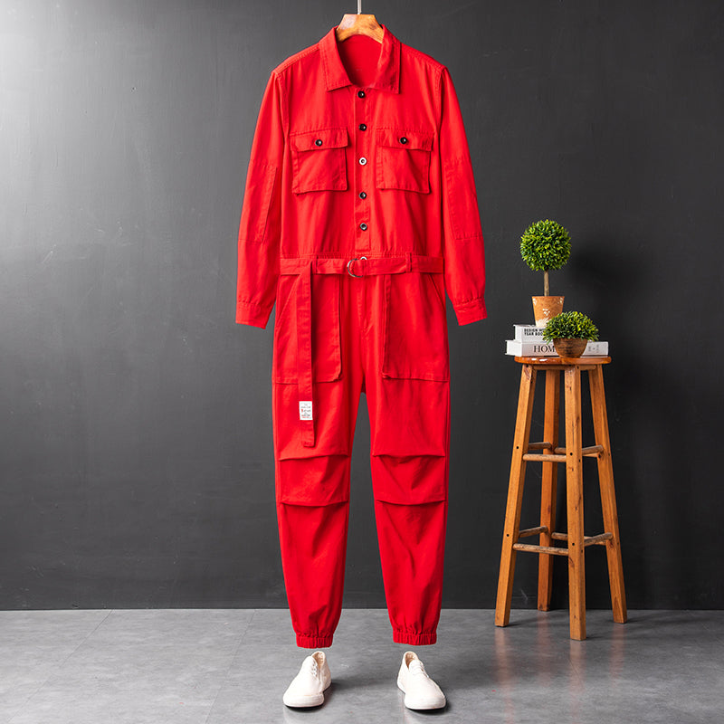 Men's Vintage Hiphop Streetwear Jumpsuits Long Sleeve Cargo Rompers With Pocket Coverall Romper Boiler Suit