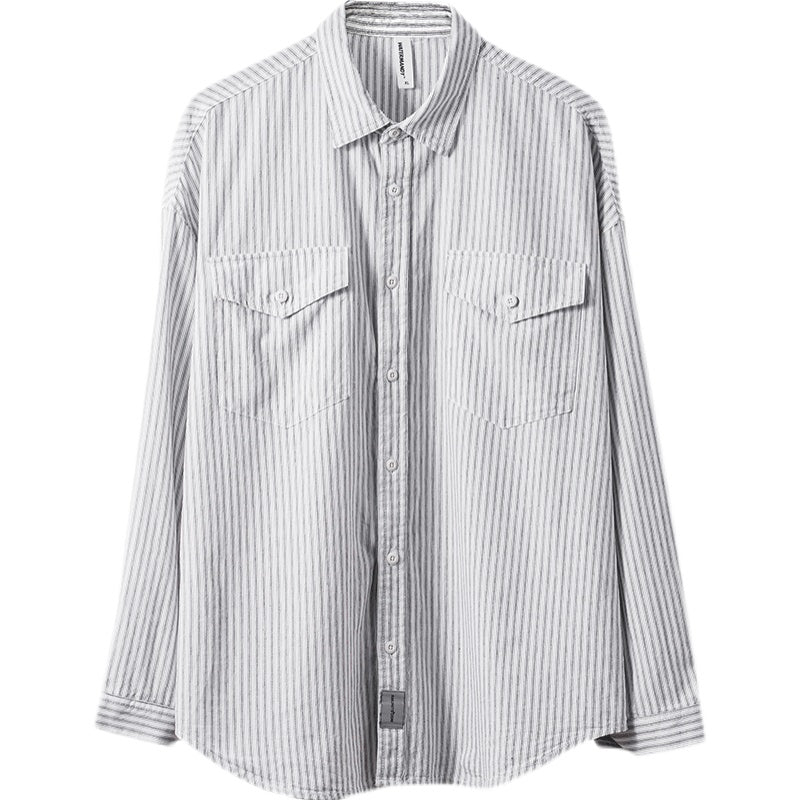 Men's American Retro Camping Outdoor White Pinstriped Shirt