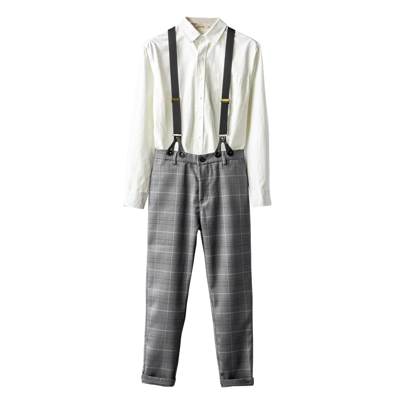 Retro Gray Check Overalls Gentleman Suspenders Casual Slim Trousers