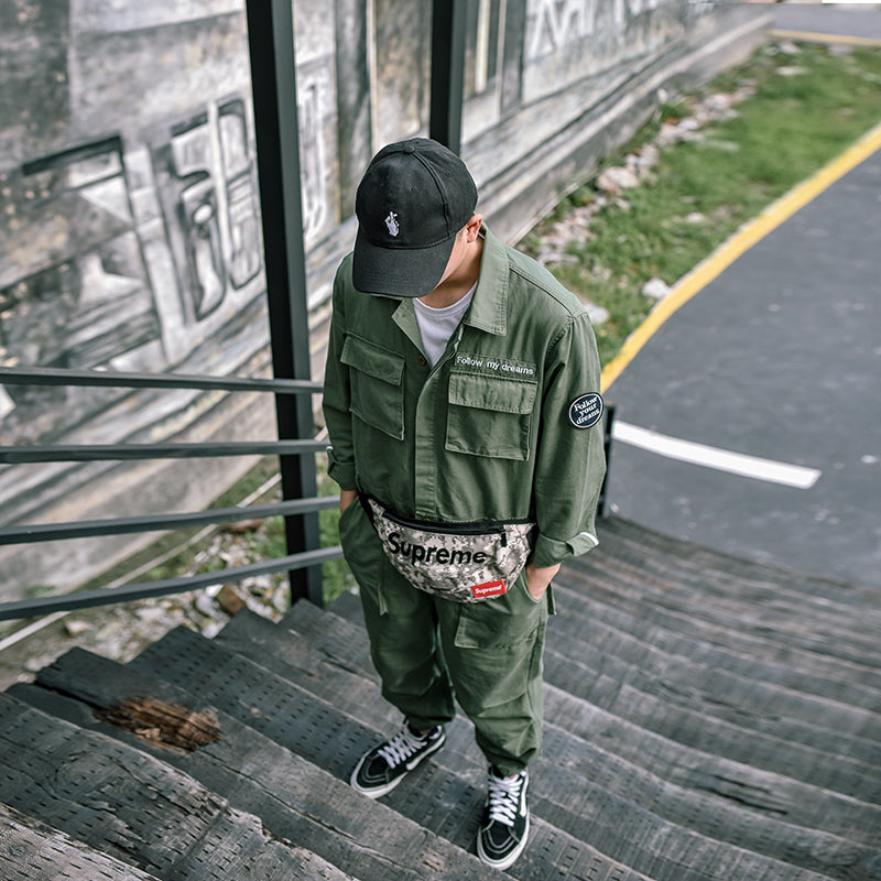 Men's Retro Casual Beamed Jumpsuit Strap Trousers Multi-pocket Loose Tooling Overalls