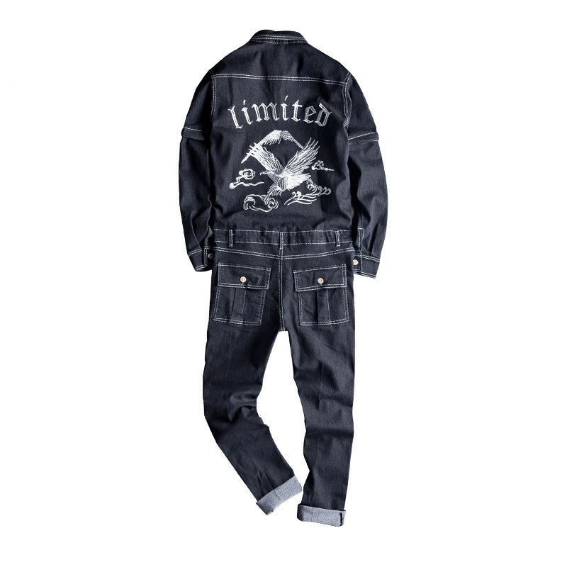 Vintage Denim Eagle Print Long Sleeve Coveralls