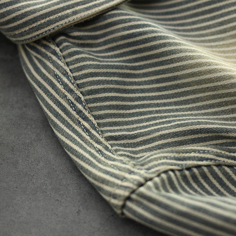 Men’s Long Sleeve Knit Shirt Vintage Wabash Stripe Lapel Collar Shirts