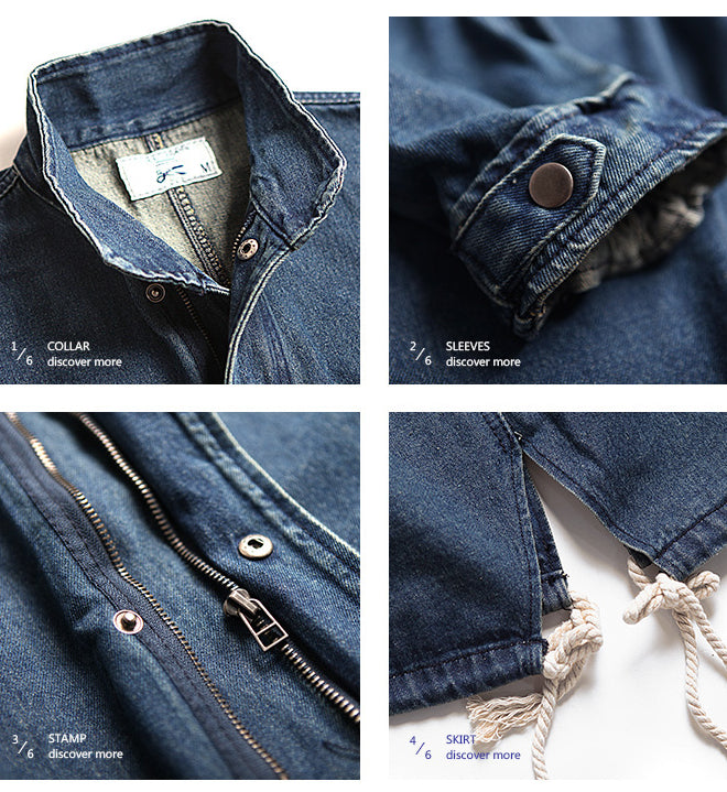 Men's Stand-up Collar Mid-length Denim Jacket Loose Windbreaker