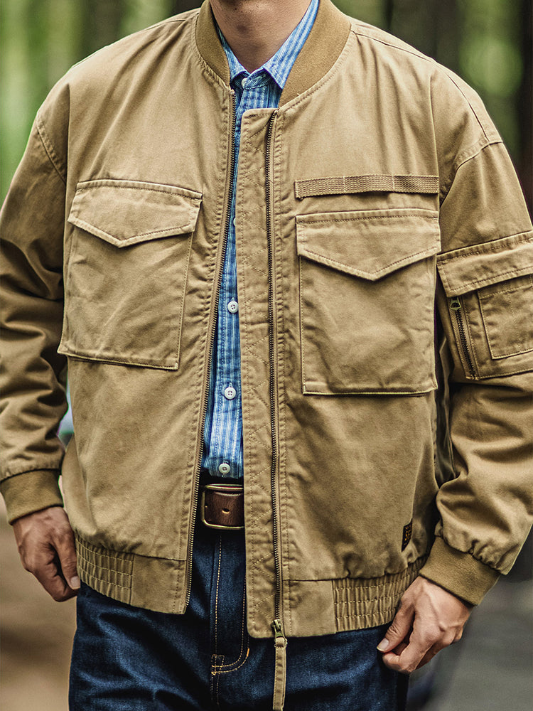 American Retro Bomber Jacket MA-1 Khaki Multi-pocket Camping Outdoor Jacket