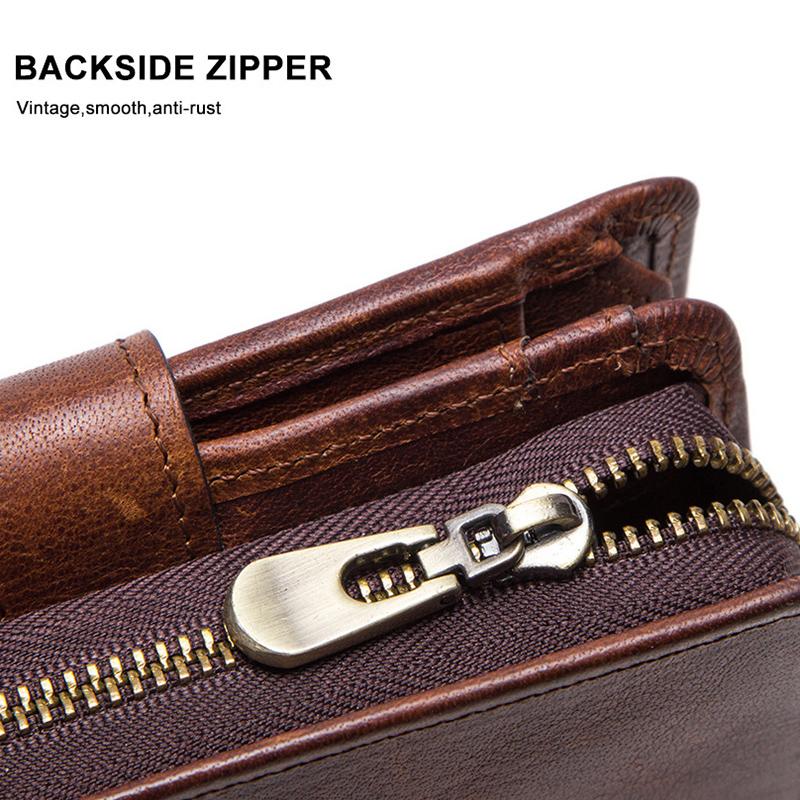 Mens Genuine Leather Zipper Wallet RFID Blocking Bifold