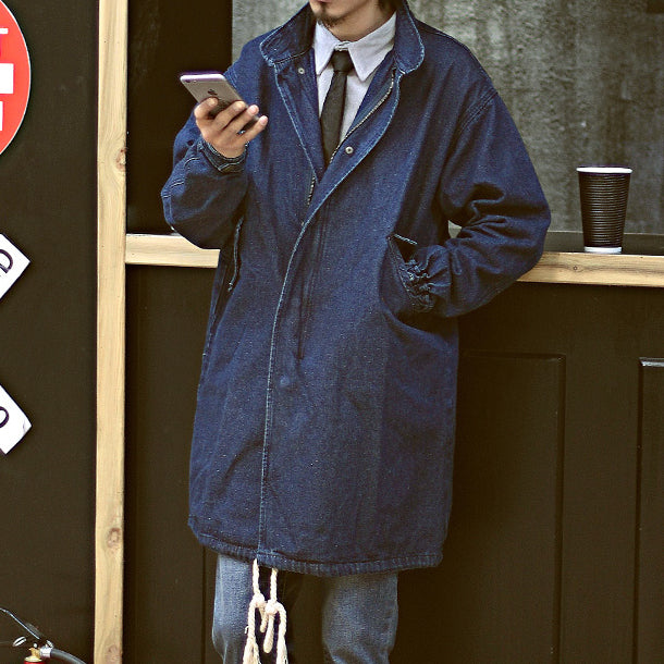 Men's Stand-up Collar Mid-length Denim Jacket Loose Windbreaker
