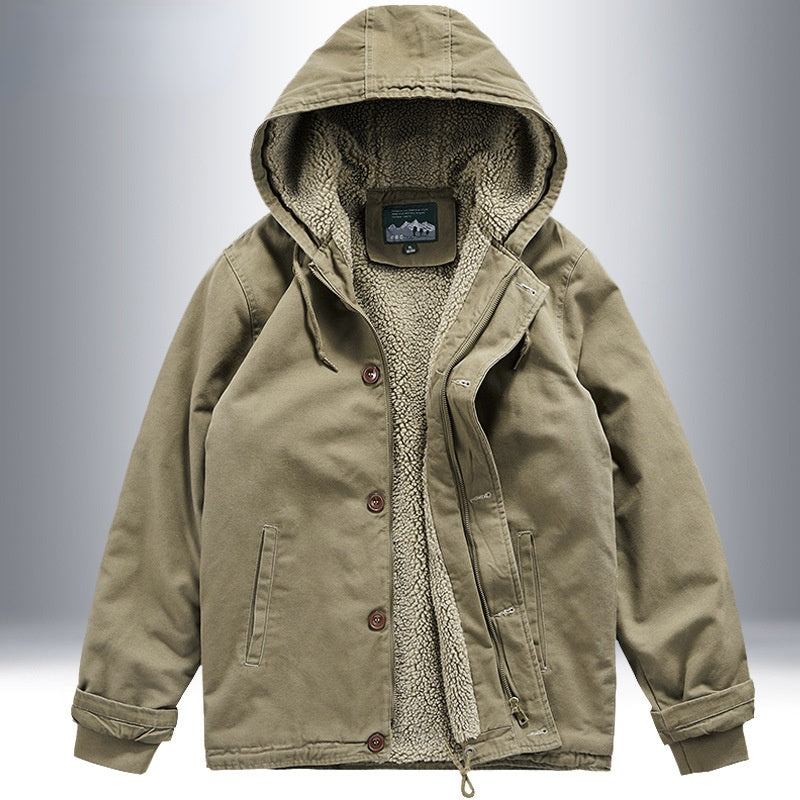 Lamb Wool Coat Men's Votton-padded Jacket Deck Jacket Hooded Plus Velvet Thick Cotton-padded Jacket