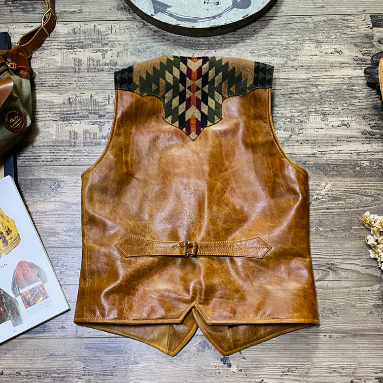 Men’s Navajo Totem Tobacco Waxed Cowhide Western Vest