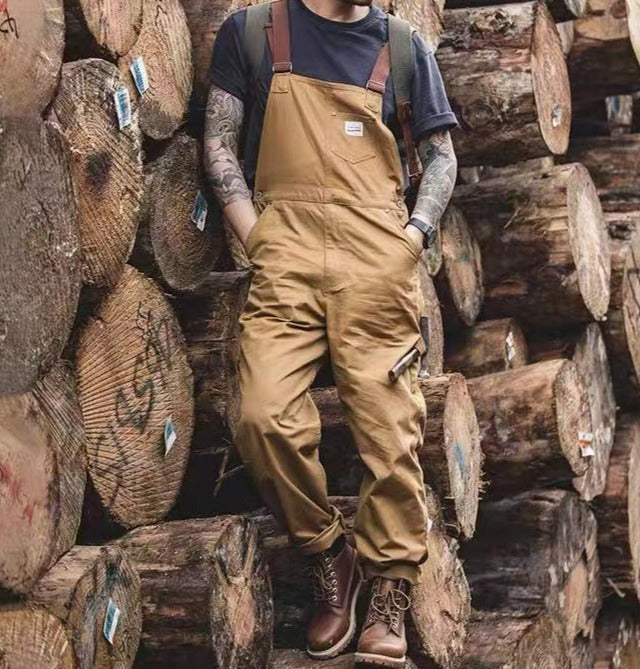 Men's Retro Khaki Classic Suspender Cargo Bib Overalls
