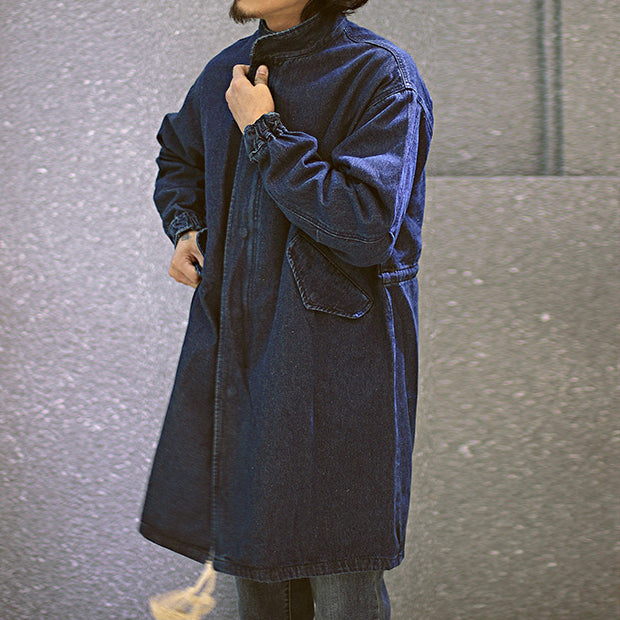 Men's Stand-up Collar Mid-length Denim Jacket Loose Windbreaker