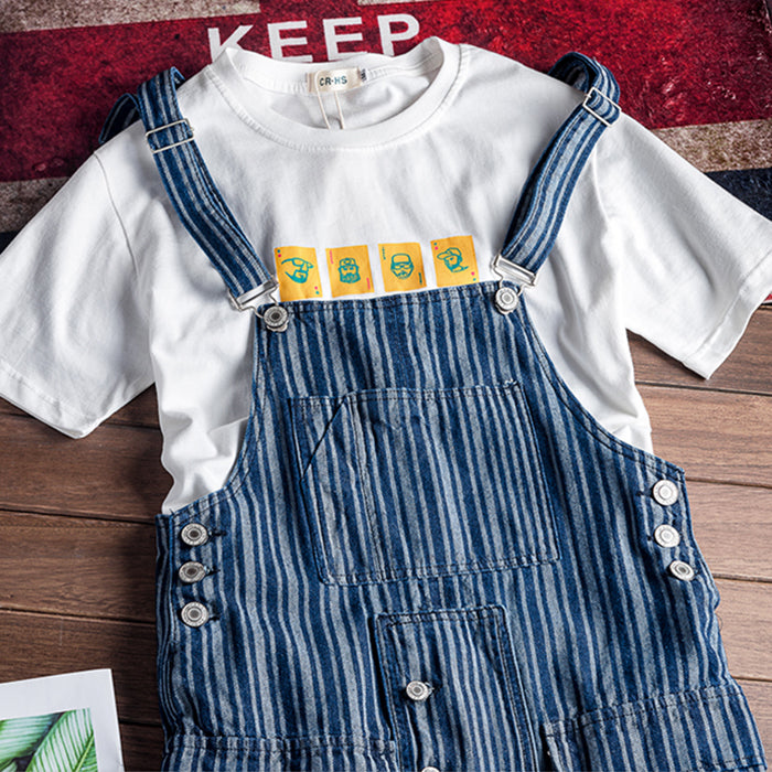Men's Oversize Striped Denim Jumpsuit Suspender Pants Streetwear Overalls