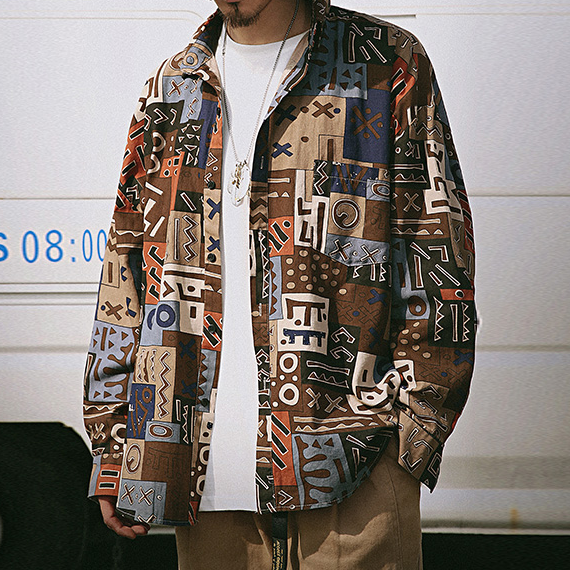 Geometric Patterns Loose Men's Long Sleeve Shirt