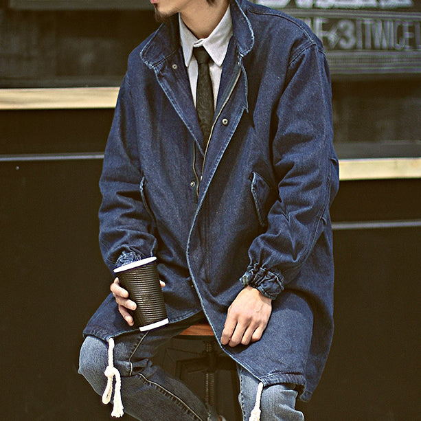 Men's Stand-up Collar Mid-length Denim Jacket Loose Windbreaker