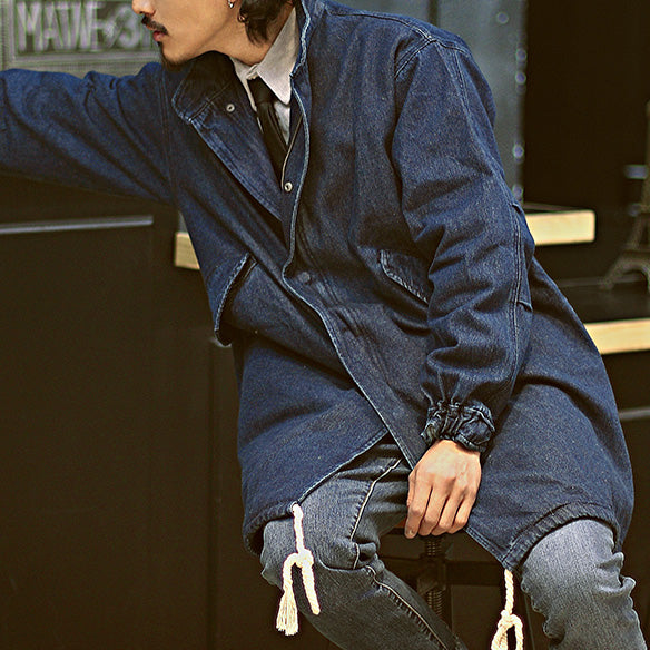 Men's Stand-up Collar Mid-length Denim Jacket Loose Windbreaker