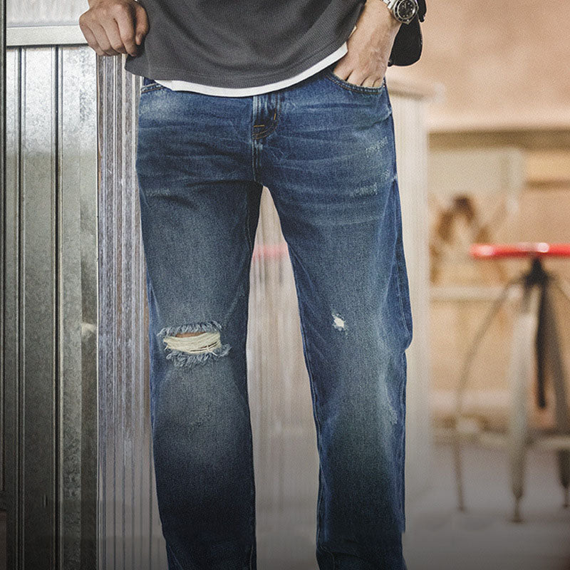Men's Denim Jeans American Retro Slim-fit Ripped Washed Distressed Straight Trousers
