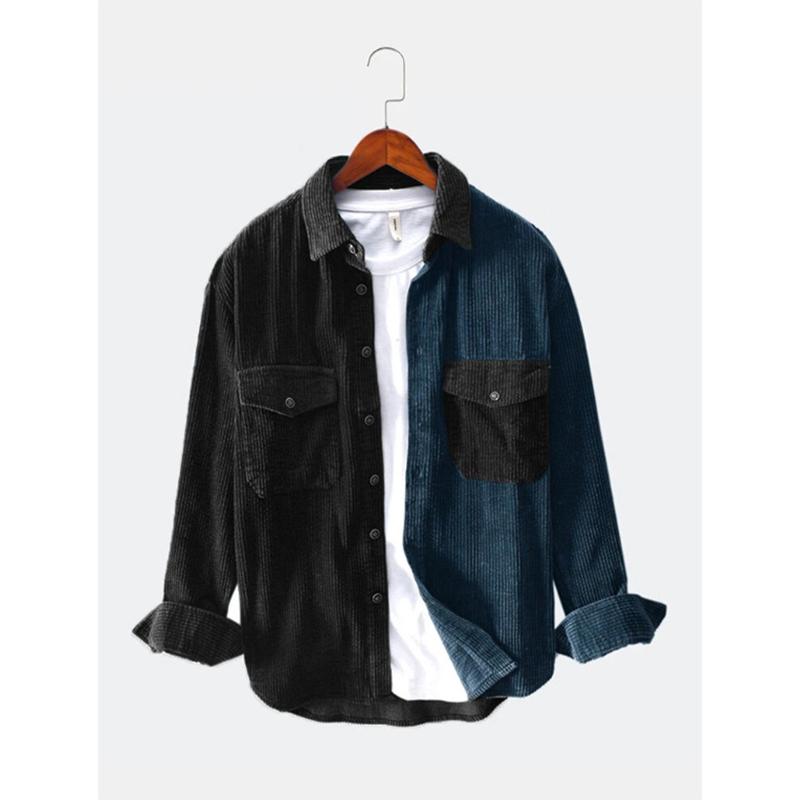 Men's Corduroy Patchwork Casual Loose Long Sleeve Shirt
